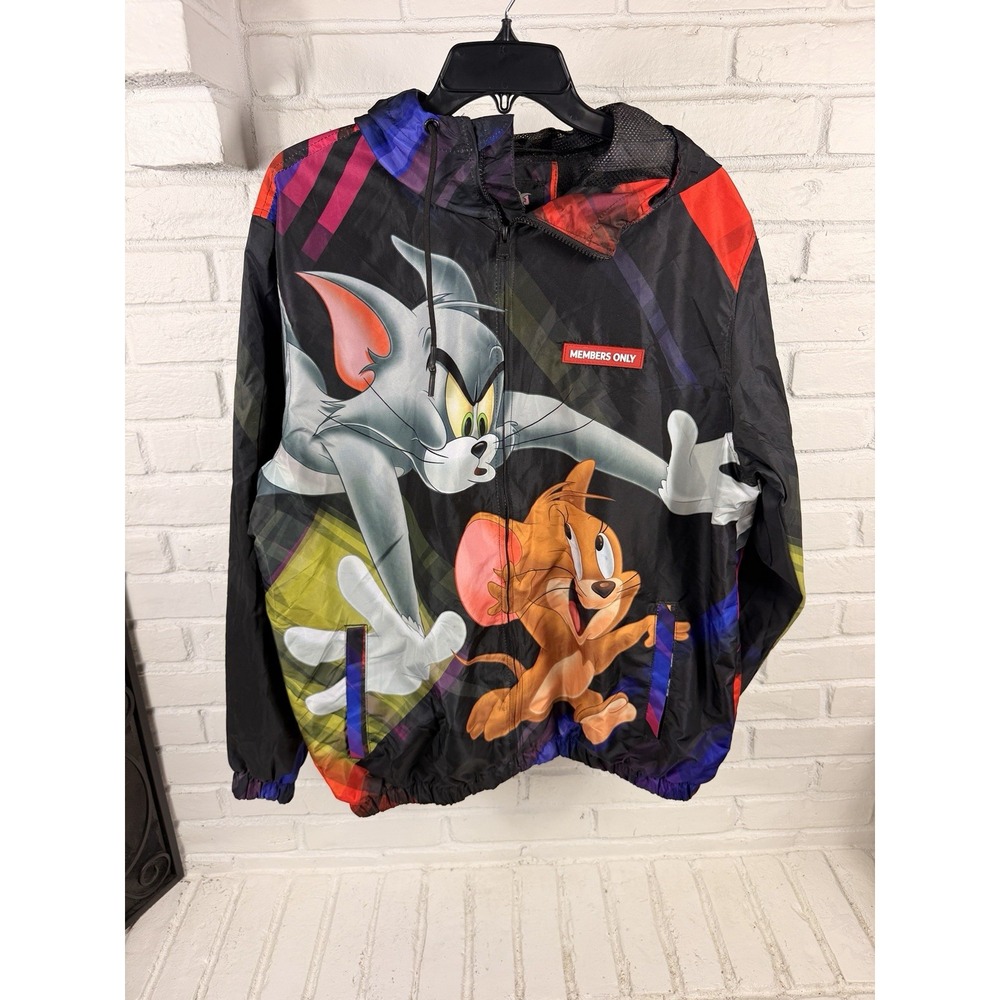 Members Only x Tom & Jerry Batter Up Windbreaker Jacket Mens L Graphic Hood